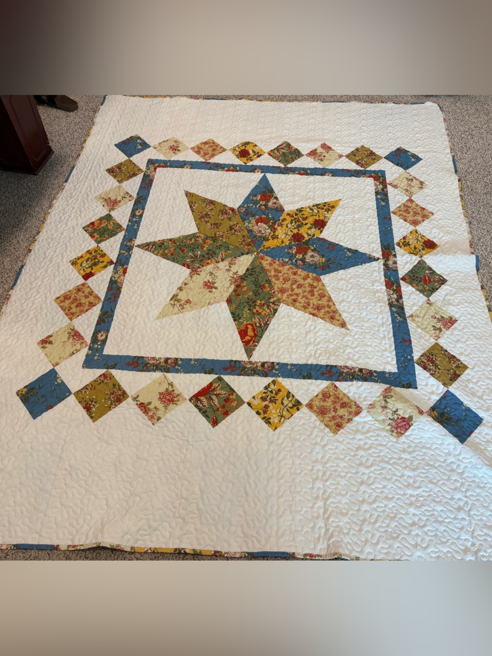 PDK 2-sided Vintage Floral Star Patchwork Quilt.